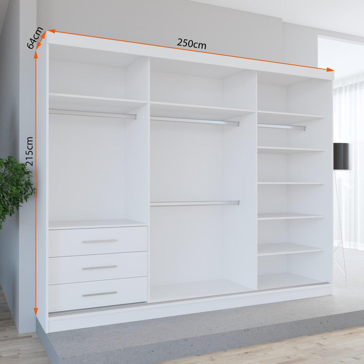 FHI-DUBAI GOLD 250cm Sliding Mirror Wardrobe | Modern Bedroom Storage with 3 Mirrored Doors & 3 Drawers