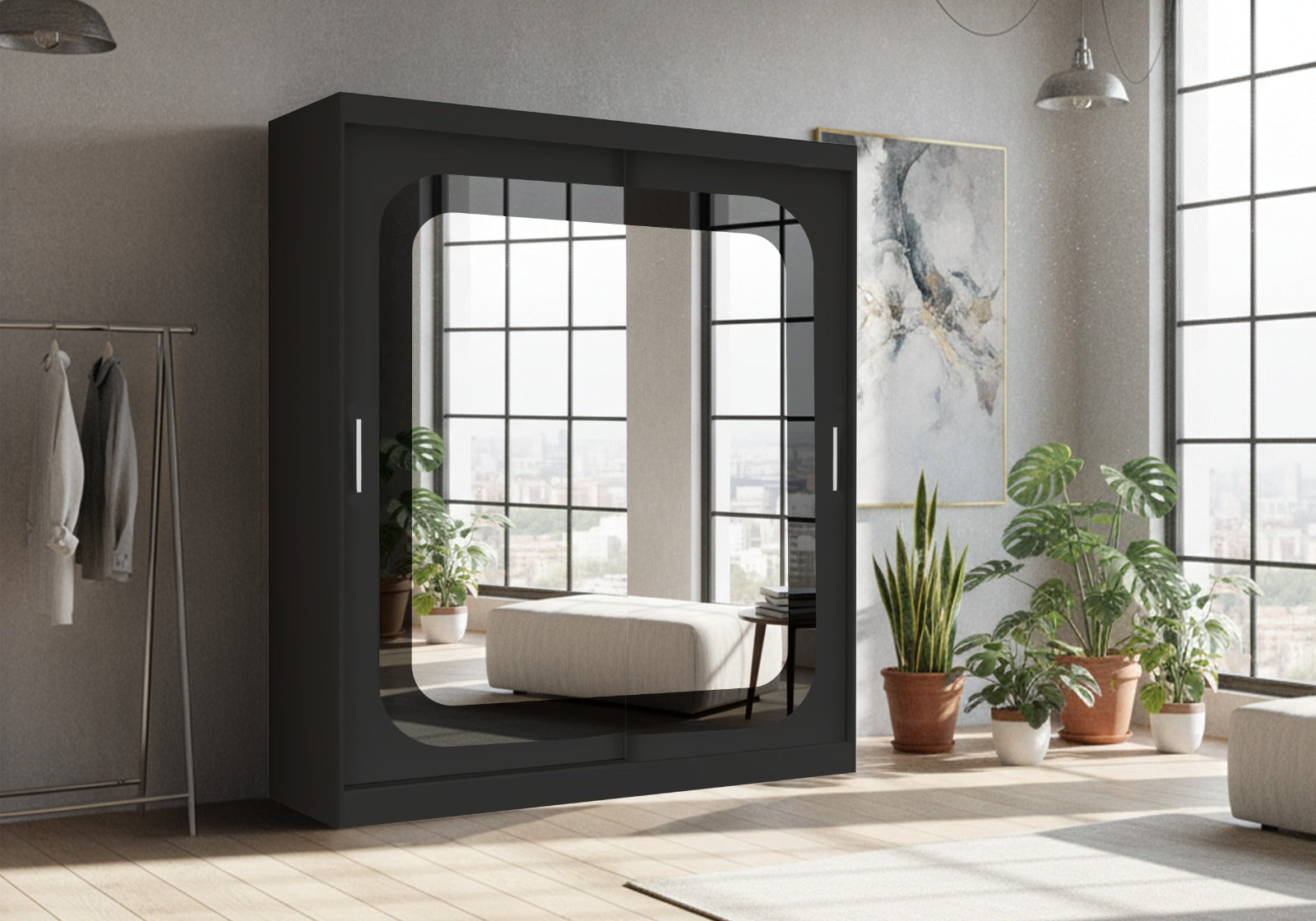 Camal Modern Sliding Door Wardrobe with Mirror – Oak Finish, Space-Saving Bedroom Storage Unit