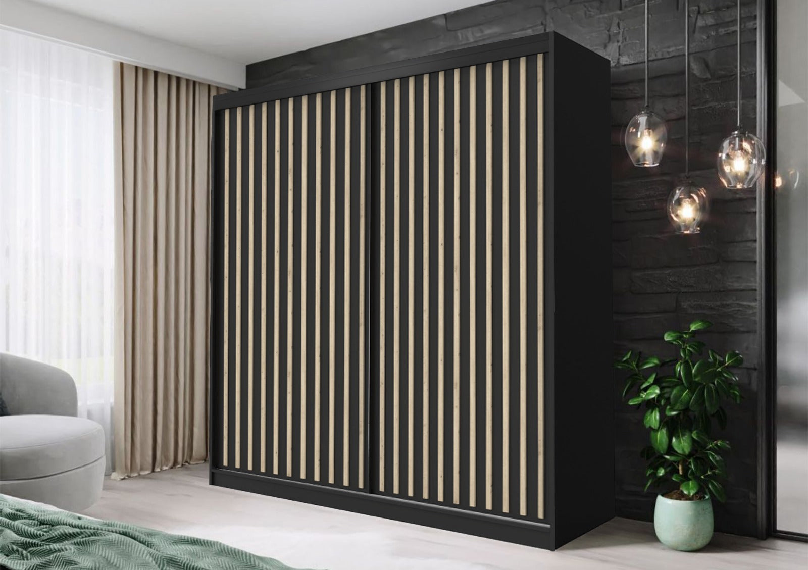 FHI Wales Modern Sliding Door Wardrobe – Space-Saving Bedroom Storage with Shelves & Hanging Rail