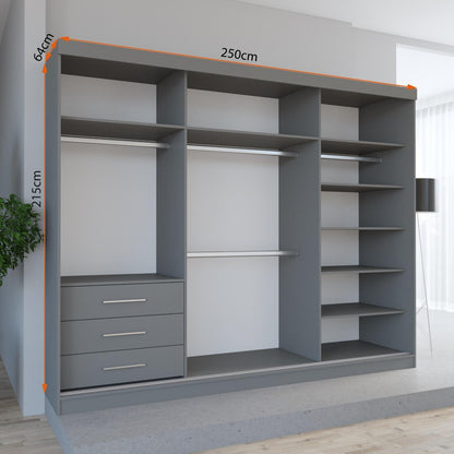 FHI-DUBAI GOLD 250cm Sliding Mirror Wardrobe | Modern Bedroom Storage with 3 Mirrored Doors & 3 Drawers