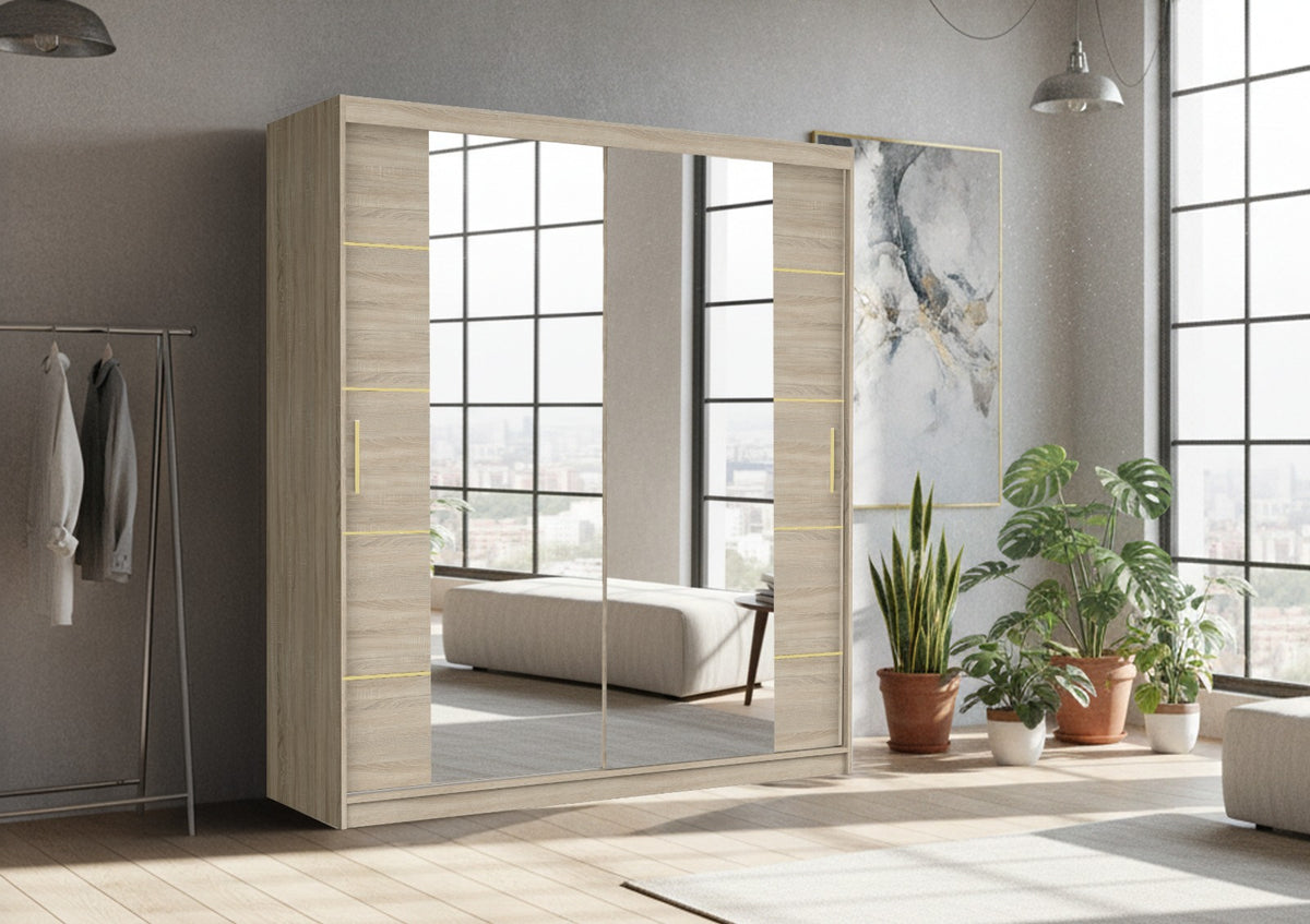 Dallas Gold Mirrored Sliding Door Wardrobe, Modern Bedroom Storage with LED Option