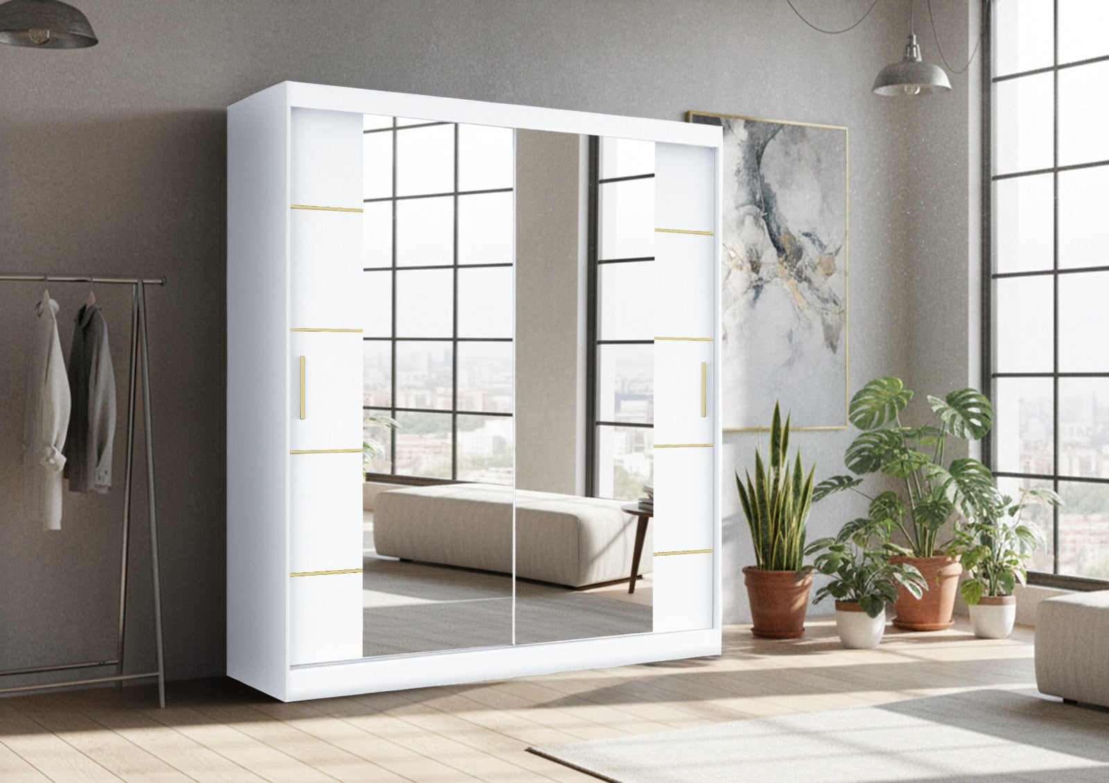 Dallas Gold Mirrored Sliding Door Wardrobe, Modern Bedroom Storage with LED Option
