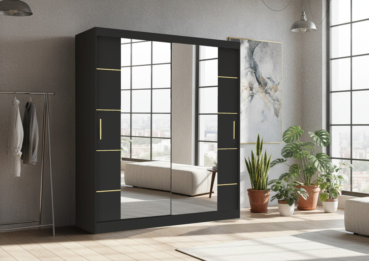 Dallas Gold Mirrored Sliding Door Wardrobe, Modern Bedroom Storage with LED Option