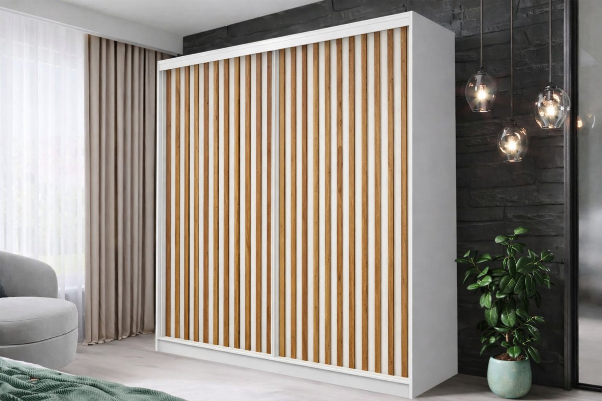 FHI Wales Modern Sliding Door Wardrobe – Space-Saving Bedroom Storage with Shelves & Hanging Rail
