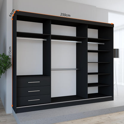 FHI-DUBAI GOLD 250cm Sliding Mirror Wardrobe | Modern Bedroom Storage with 3 Mirrored Doors & 3 Drawers