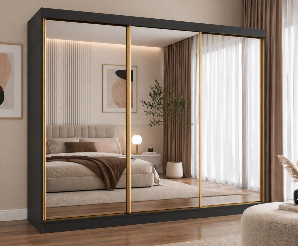 FHI-DUBAI GOLD 250cm Sliding Mirror Wardrobe | Modern Bedroom Storage with 3 Mirrored Doors & 3 Drawers