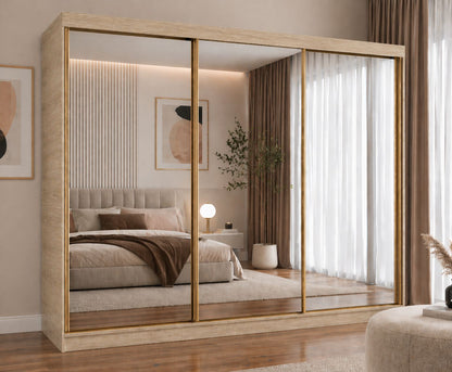 FHI-DUBAI GOLD 250cm Sliding Mirror Wardrobe | Modern Bedroom Storage with 3 Mirrored Doors & 3 Drawers