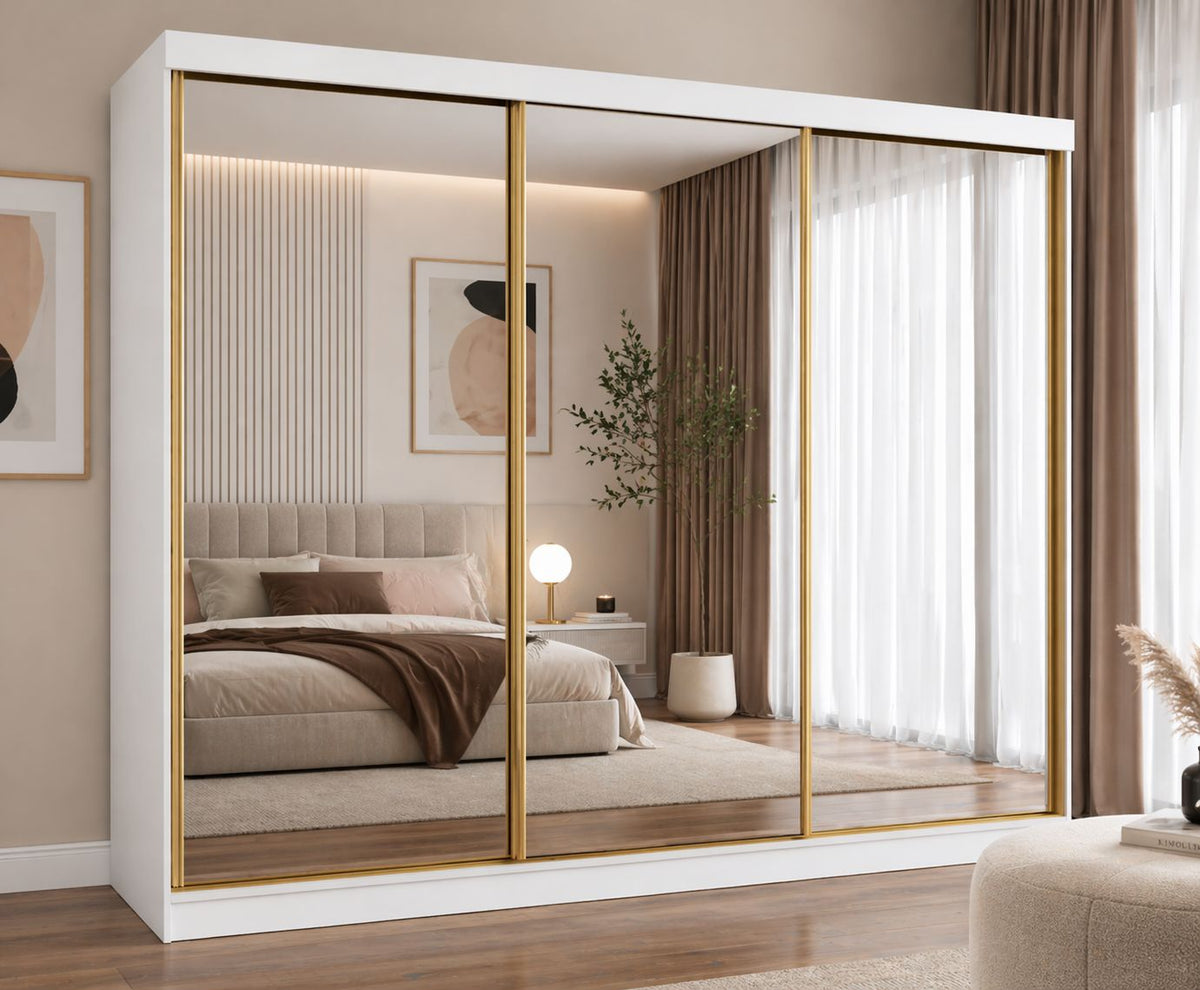 FHI-DUBAI GOLD 250cm Sliding Mirror Wardrobe | Modern Bedroom Storage with 3 Mirrored Doors & 3 Drawers