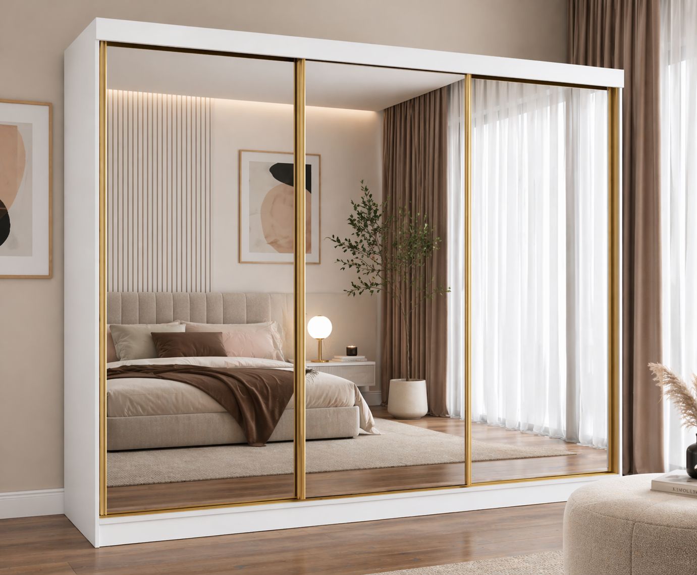FHI-DUBAI GOLD 250cm Sliding Mirror Wardrobe | Modern Bedroom Storage with 3 Mirrored Doors & 3 Drawers