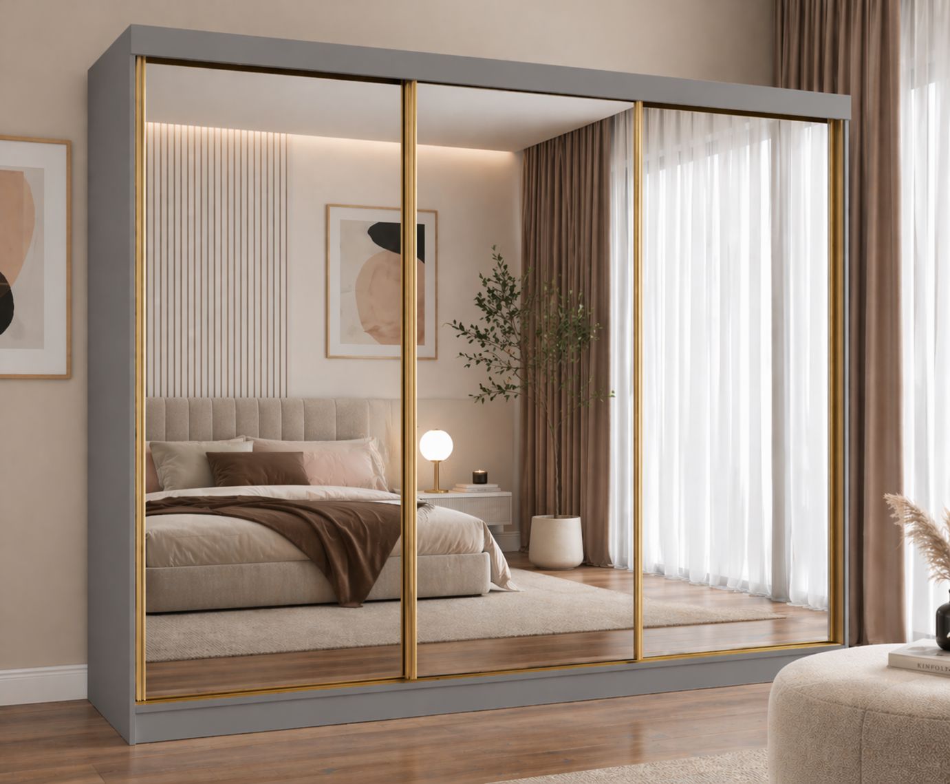 FHI-DUBAI GOLD 250cm Sliding Mirror Wardrobe | Modern Bedroom Storage with 3 Mirrored Doors & 3 Drawers