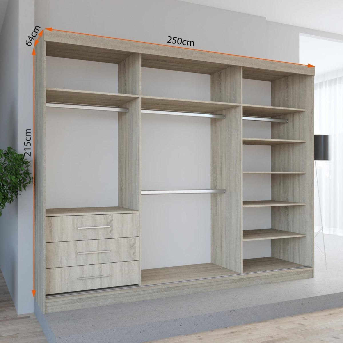 FHI-DUBAI GOLD 250cm Sliding Mirror Wardrobe | Modern Bedroom Storage with 3 Mirrored Doors & 3 Drawers