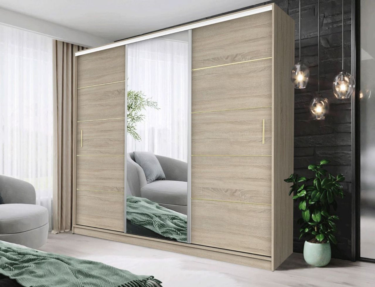 Dallas Gold Mirrored Sliding Door Wardrobe, Modern Bedroom Storage with LED Option